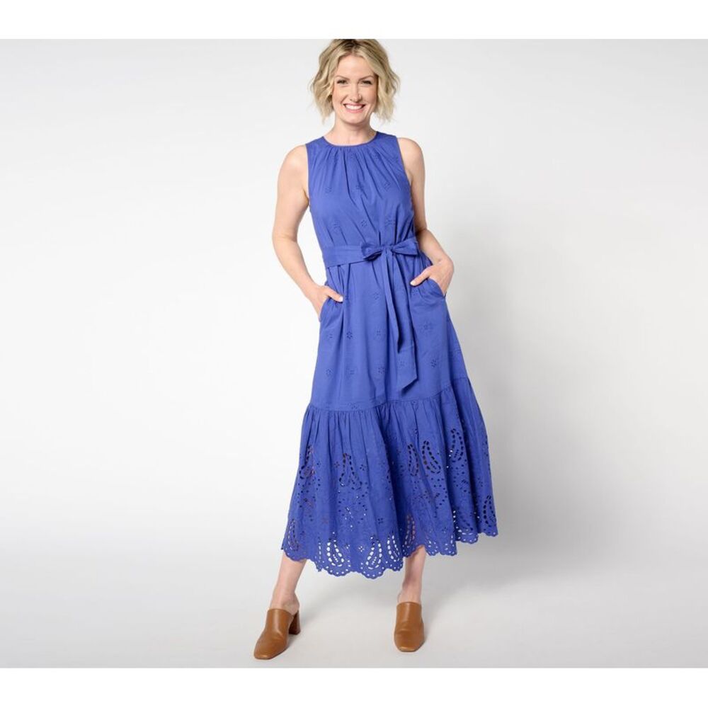 Destination 365 Women's Dress Sz XS Eyelet Sleeveless Maxi Self Belt Blue
